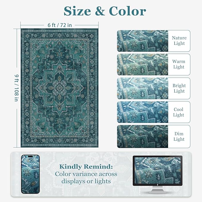 Luxurious Teal Living Room Rug 6x9, Washable Non Slip Rug for Dining Room Under Table, Vintage Medallion Vibrant Low Pile Thin Carpet Rugs for Bedroom Den Home Office
