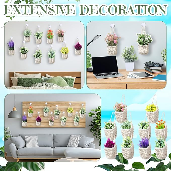 10 Pack Macrame Wall Plant Hanger with Artificial Pot Flower - Boho Wall Hanging Planter for Indoor Plant Cotton Rope Holder with Mini Fake Pot Flower for Home Wedding Decor Gift(Beige White)
