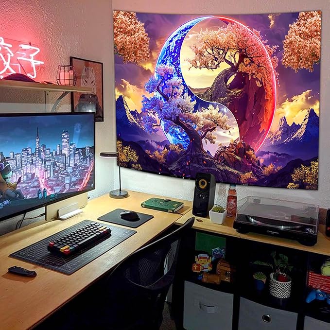 JAWO Tree Life Tapestry Aesthetic, Flowers Sun and Moon Art Tapestry Wall Hanging for Girls Bedroom, Cool Nature Galaxy Yin Yang Anime Tapestries Poster of Dorm Home Decor 71X60 Inches, Brown