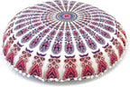 Round Mandala Floor Pillow Cover Seating Cushion Throw Cover Hippie Decorative Bohemian Ottoman Pouf Cover, Pom Pom Pillow Cases,Boho Indian 22 Inches (Pink)