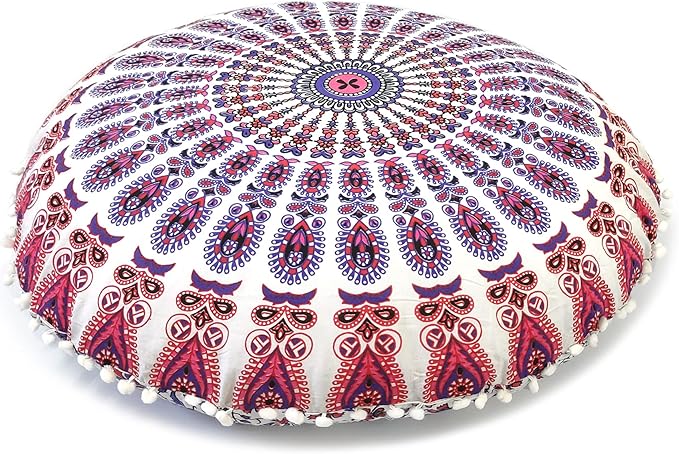 Round Mandala Floor Pillow Cover Seating Cushion Throw Cover Hippie Decorative Bohemian Ottoman Pouf Cover, Pom Pom Pillow Cases,Boho Indian 22 Inches (Pink)