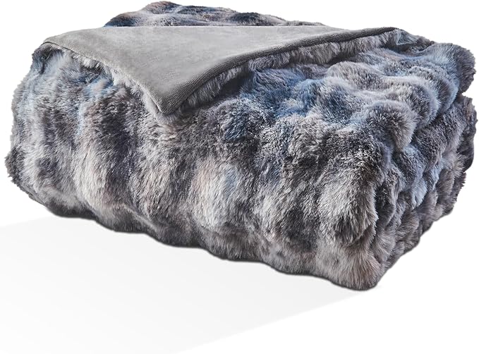 EMME Faux Fur Blanket Twin Size Tie-Dye Dark Gray - Big Bubble Rabbit Cozy Blanket for Couch, Thick Furry Plush Shaggy Blankets, 650GSM, 60x80 Inches