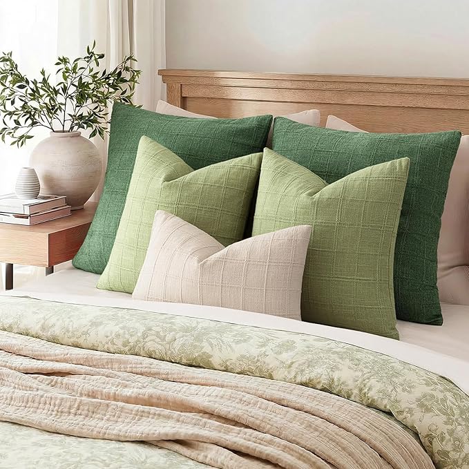 Foindtower Set of 2 Decorative Linen Check Throw Pillow Covers Neutral Farmhouse Vintage Cushion Covers Modern Boho Accent Home Decor for Sofa Chair Couch Bedroom Living Room,22×22 Inch,Light Green