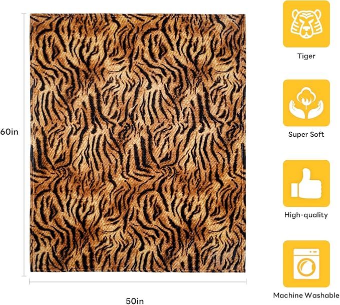 MACEVIA Flannel Fleece Throw Blanket for Couch, Brown Tiger Print Blanket, Fuzzy Cozy Comfy Super Soft Fluffy Plush Animal Print Blankets for Bed Sofa, Suitable for All Seasons (Tiger,50x60inches)