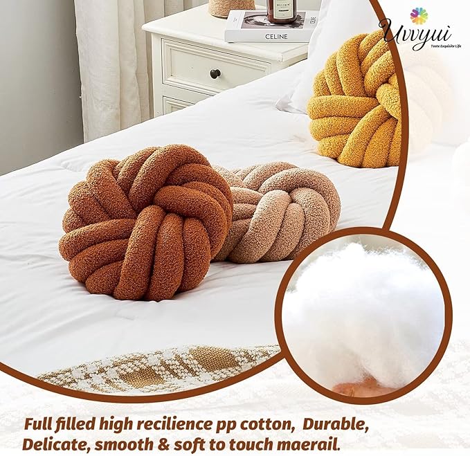 Uvvyui Knot Pillows, 14 Inch Decorative Throw Pillows Round Pillows Cushion, Soft Handmade Knotted Ball Pillow Plush Cushion Home Decor for Bed Couch Living Room (Caramel, 14 Inch)