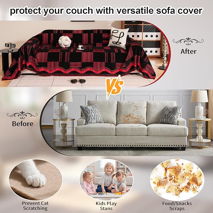 ROOMLIFE Black-Red Sofa Cover, Vintage Boho Couch Cover for 3 Cushion Sofa, Non Slip Chenille Sofa Slipcovers for Dog, Washable Furniture Sofa Protector Cover with Tassel for Living Room, 71''X150”