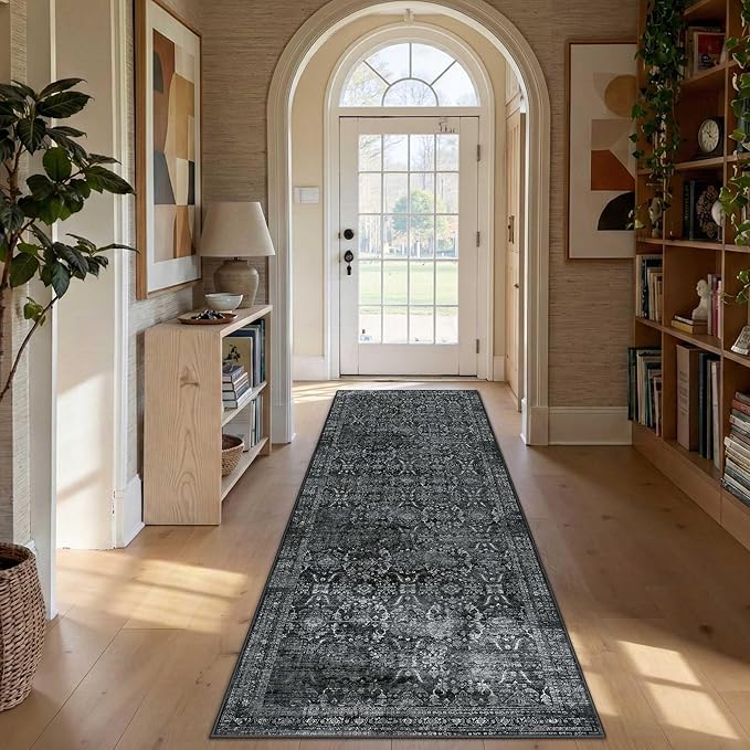 2x6 Runner Rug, Washable Kitchen Rugs, Black Boho Vintage Floral Hallway Runner, Non Slip Low Pile Area Rug Carpet for Indoor Hallway, Kitchen, Laundry Room and Bathroom(Black 2x6ft)