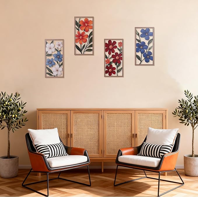 suruim Boho Wall Art Set of 4, Abstract Geometric Wooden Wall Decor, Mid-Century Modern Aesthetic Artwork with Arch, Vase & Botanical Design for Modern Home Decor for Bedroom, Office & Living Room(G)