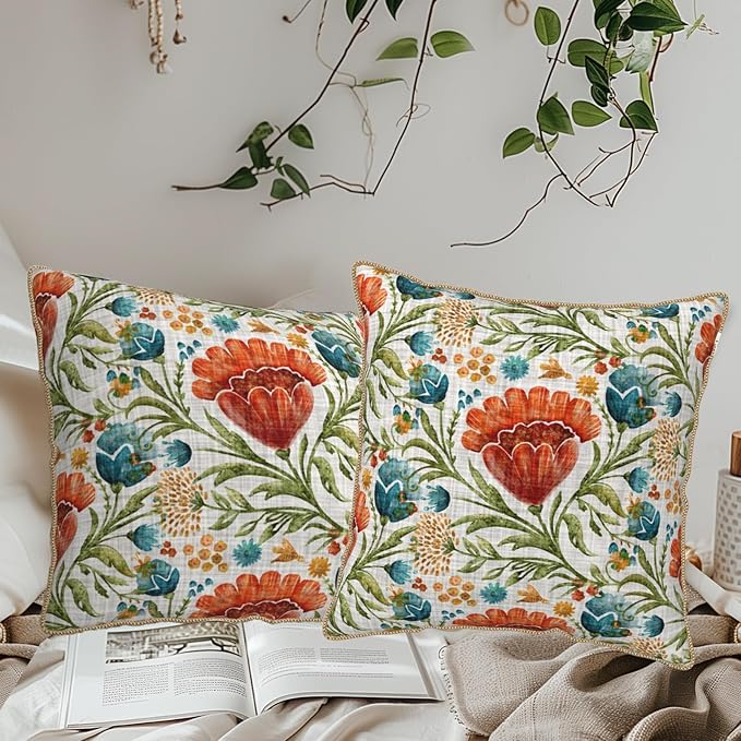 Red Blue Bright Floral Soft Velvet Throw Pillow Covers Set of 2 Colorful Flowers Green Leaf Plant Decorative Pillow Covers 20x20 Inch Boho Rustic Pillow Case For Sofa Couch Living Room Home Decor