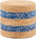 Handwoven Ottoman Pouf, Natural Water Hyacinth Footstool, Round Braided Outdoor Seat with Sturdy Frame, Boho Accent Stool for Patio, Balcony, or Garden (Blue)