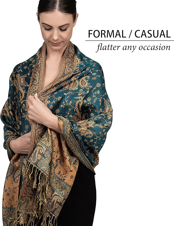 Achillea Reversible Paisley Pashmina Rave Scarf – Exotic Indian Shawls and Wraps for Evening Dresses, Festivals, All Seasons