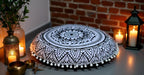 CRAFT KALA 32" Round Mandala Boho Pillow Cover Meditation India Room Seating Poufs Cover for Living Yoga Room Home Décor Bedroom Balcony Garden Decoration Cotton Floor Cushion Cover Black White Flower