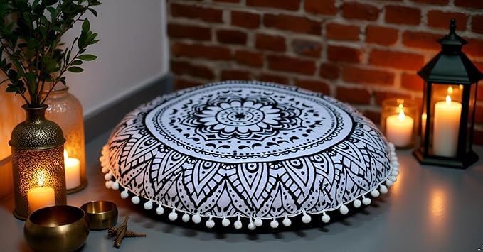 CRAFT KALA 22" Round Mandala Boho Pillow Cover Meditation Room Seating Poufs Cover for Living Room Yoga Room Home Bedroom Balcony Garden Party Decoration Cotton Floor Cushion Cover Black White Flower