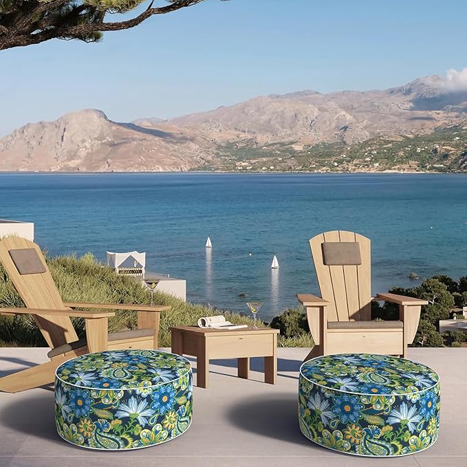 Inflatable Ottoman Stool D21 xH9 for Outdoor/Indoor Use, Water Repellent Patio Foot Rest with Portable Handle,Round Pouf Ottoman Suitable for Garden,Deck and Camping-Flower Child