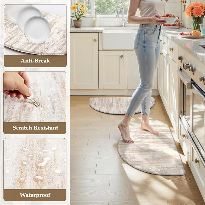 KIMODE Anti Fatigue Mats for Kitchen Floor, 18"x28" Half Circle Memory Foam Kitchen Floor Mats Cushioned Non Slip, Comfort Standing Mats, Abstract Kitchen Rugs Sets of 2 for Sink Laundry Office Desk