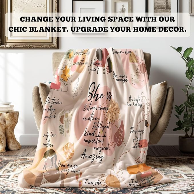 Boho Inspirational Blanket, Inspirational Gifts for Women, Birthday Gifts for Women Sister Grandma, She is Motivational Positive Throw Blankets for Girly Room Bedroom Home Decor, 50x60 in