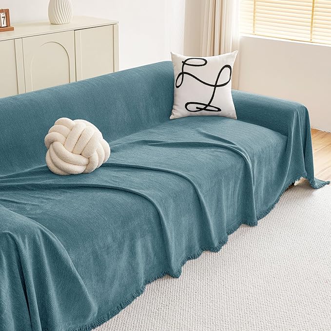 hyha Couch Cover for Dogs, Boho Sofa Covers for 3 Cushion Couch Washable, Chenille Sofa Slipcover for Pets, Soft Loveseat Sectional Couch Throw Blankets with Tassels (Blue, 88.5x134 Inch)