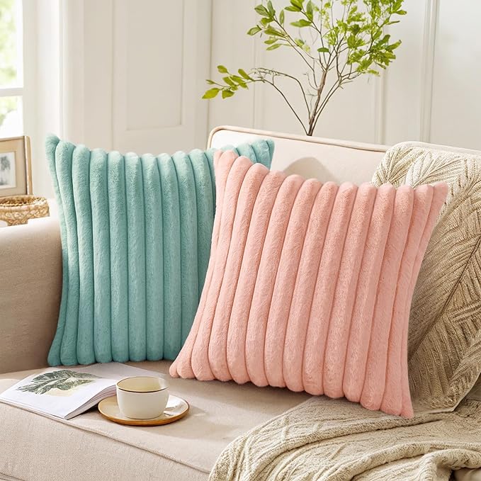 Pallene Faux Fur Plush Throw Pillow Covers 26x26 Set of 2, Luxury Soft Fluffy Striped Decorative Pillow Covers for Sofa, Couch, Living Room, Aqua