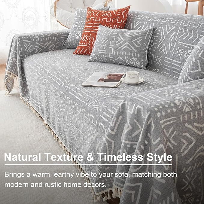 VClife Boho Gray White Couch Cover Plush Soft Chenille Couch Cover for 3-4 Cushion Couch Sofa, 1 PC Washable Breathable Bohemian Sofa Cover for Sectional Couch Thick Furniture Protector 71" x 150"