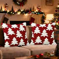 Red Christmas Tree Embroidery Decorative Throw Pillow Covers 18 x 18 Set of 2, Xmas Pine Trees Tufted Porch Outdoor Home Decor, Winter Holiday Plush Faux Fur Jacquard Sofa Couch Cushion Case