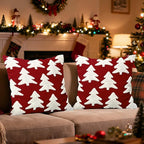 Red Christmas Tree Embroidery Decorative Throw Pillow Covers 18 x 18 Set of 2, Xmas Pine Trees Tufted Porch Outdoor Home Decor, Winter Holiday Plush Faux Fur Jacquard Sofa Couch Cushion Case