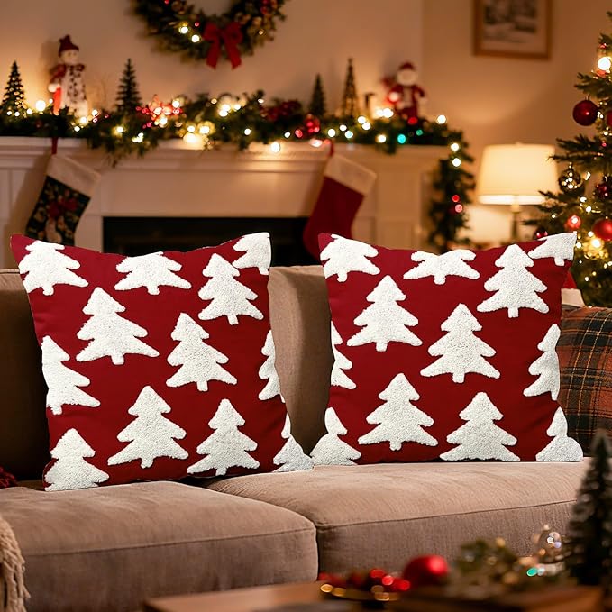 Red Christmas Tree Embroidery Decorative Throw Pillow Covers 18 x 18 Set of 2, Xmas Pine Trees Tufted Porch Outdoor Home Decor, Winter Holiday Plush Faux Fur Jacquard Sofa Couch Cushion Case