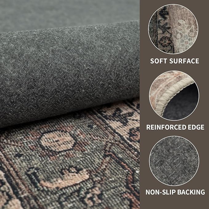 Vintage Washable Area Rug for Living Room,Low Pile 8x10 Non Slip Carpet Non-Shedding Area Rug Soft Indoor Stain Resistant Rug Floral Print Mat for Bedroom Dining Room 084-Brown