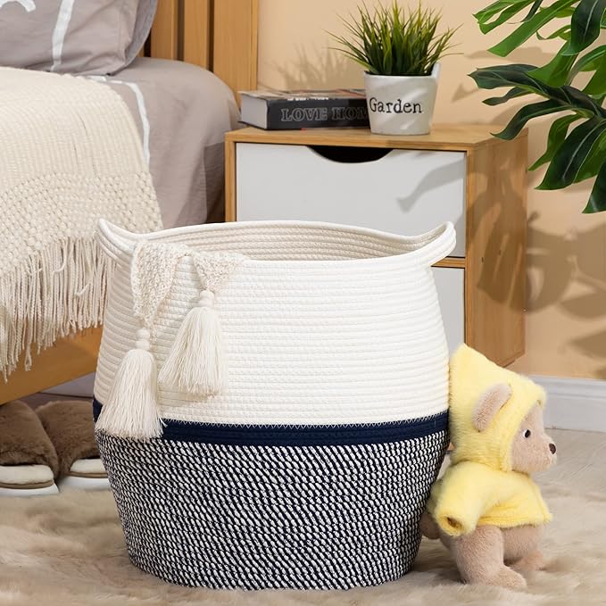 KAKAMAY Woven Baskets for Storage(17"x17"),Large Cotton Rope Basket Woven Baby Laundry Hamper,Collapsible Laundry Basket, Blanket Basket for Living Room,Nursery,Clothes, Toy chest(Navy Blue)