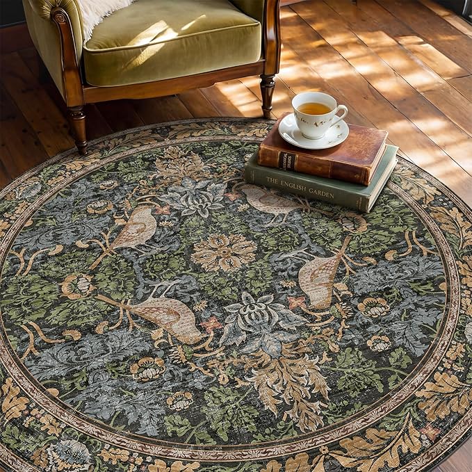 Vintage 5ft Round Rug for Reading Corner, Bedroom, Farmhouse Dining Room, Soft Ultra-Thin Non-Slip Washable Rug, Forest Green Bird Floral Décor for Kitchen & Nursery