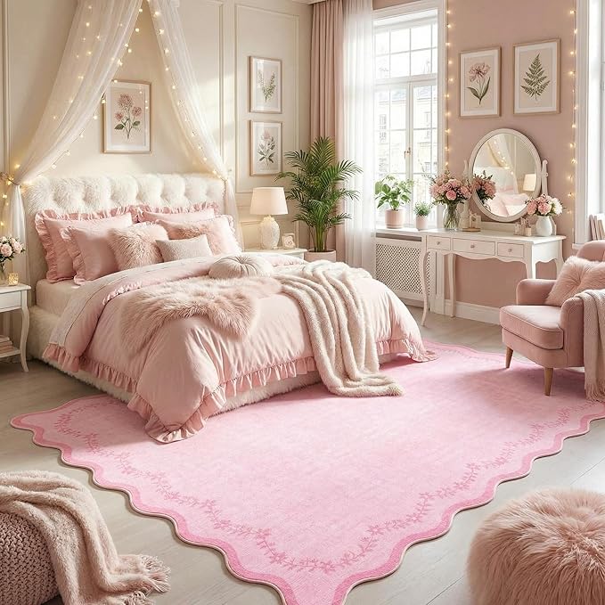GarveeHome 6x9 Scalloped Area Rug Pink Washable Rugs for Living Room Bedroom, Soft Low Pile Non Slip Accent Floor Mat Solid Floral Print Throw Rug Farmhouse Indoor Carpet for Dorm Playroom