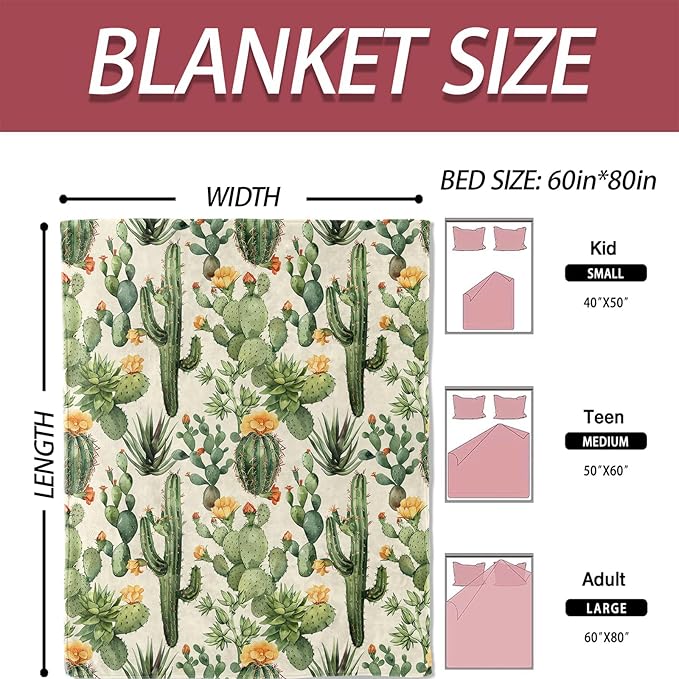 Cactus Desert Blanket 50×60 Inch,Realistic Watercolor Succulent Lightweight Flannel Throw with Floral Southwestern,Boho Botanical Home Decor,Gifts for Girls,Women