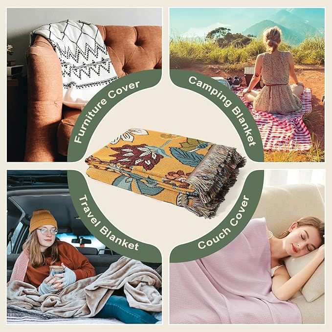 Snycler Boho Throw Blanket for Bed 50 * 60inch Woven Blanket Cotton Polyester Farmhouse Decor for Indoor Outdoor Sofa Bedroom Garden，All Season(Yellow)