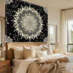 Apdidl Boho Black Mandala Tapestry for Bedroom Aesthetic, Hippie Decor Space Astrology Wall Art Ceiling Tapestries, Vintage Bohemian Indian Golden Blanket Wall Hangings for Living Room 60" X 79"