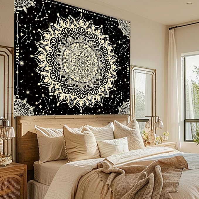 Apdidl Boho Black Mandala Tapestry for Bedroom Aesthetic, Hippie Decor Space Astrology Wall Art Ceiling Tapestries, Vintage Bohemian Indian Golden Blanket Wall Hangings for Living Room 51" X 60"