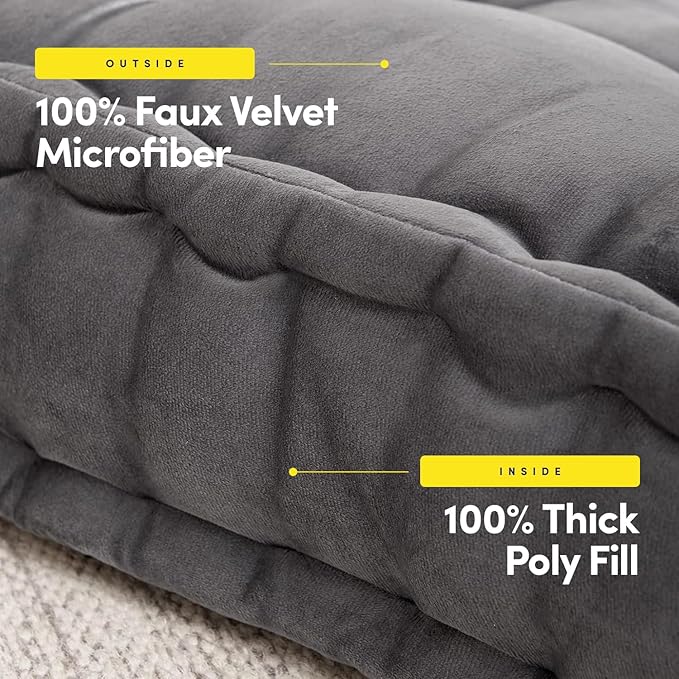 Sweet Home Collection Floor Pillow Large Square Tufted Decorative Cushion. Faux Velvet Fabric Ultra Thick Fill for Kids and Adults, Gray (Pack of 1)