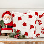 Whaline 2 Pcs Christmas Tufted Throw Pillow Covers Xmas Red White Candy Santa Hat Pillowcase Winter Pillowslip Cushion Cover for Sofa Couch Bed Home Party Decor, 18 x 18 Inch