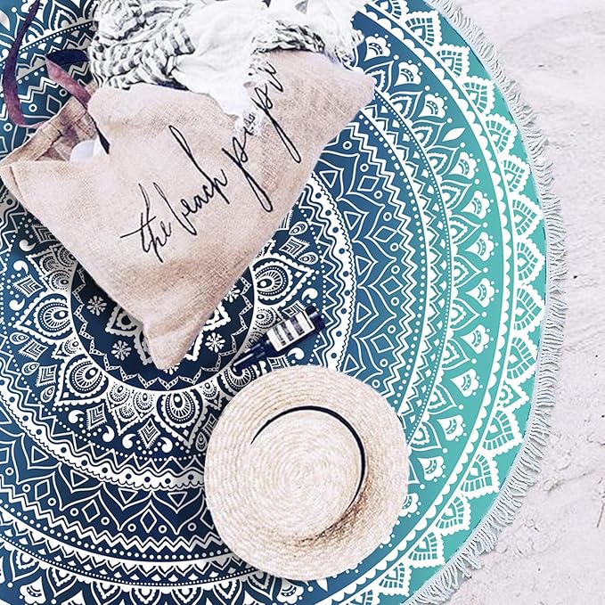Microfiber Mandala Round Blue Beach Towel Blanket, Oversized Quick Dry Super Absorbent Thick Towel for Pool Swimming Picnic Yoga Mat Wall Decor Tapestry Circle Table Cloth, 59” Bohemian Towel