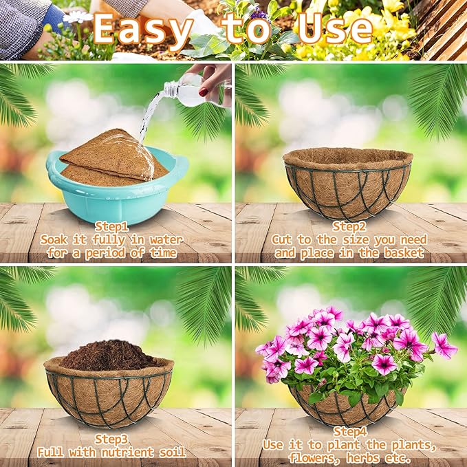 Riare 6 Pack 10 Inch Round Coco Liners Replacement, 100% Natural Coconut Coir Liners for Hanging Baskets, Garden Flower Vegetables Planter Pot, Window Box, Fence, Decks