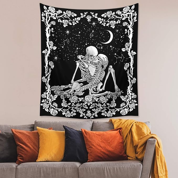 Wonrizon The Kissing Lovers Skull Tapestry,Black and White Romantic Constellation Skeleton Tapestries Wall Hanging decor for Living Room Bedroom (30”x 40”)