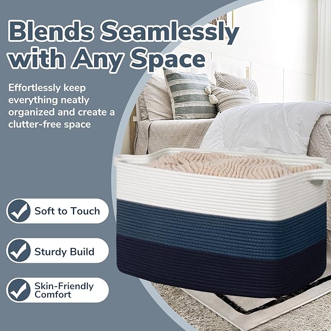 Goodpick 85L Large Blanket Basket 23.6" x 15.7" x 13.8" Cotton Rope Storage Baskets for Organizing, Rectangle Woven Baskets for Storage, Baby Toy Basket for Nursery Bedroom, Blue