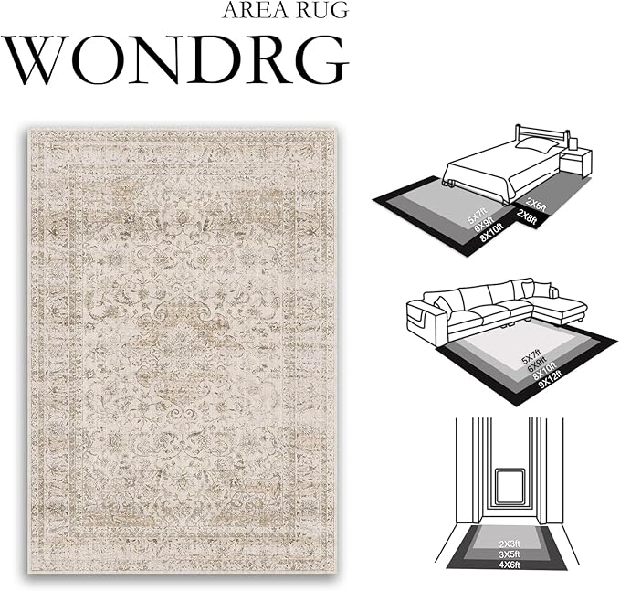 10x12 Beige Area Rug Vintage Living Room Bedroom Washable Carpet Non-Slip Soft Low Pile Distressed Indoor Large Throw Rug for Dining Room Office