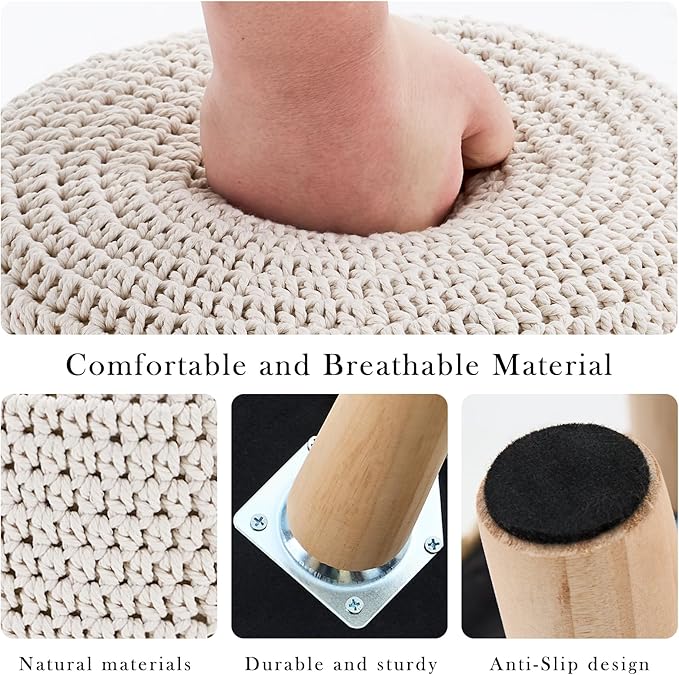 Boho Ottoman Foot Stool Cotton Knitted Round Pouf Ottoman Foot Rest Stool with Non-Skid Wooden Legs Step Stool Padded Seat for Living Room White