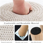 Boho Ottoman Foot Stool Cotton Knitted Round Pouf Ottoman Foot Rest Stool with Non-Skid Wooden Legs Step Stool Padded Seat for Living Room White