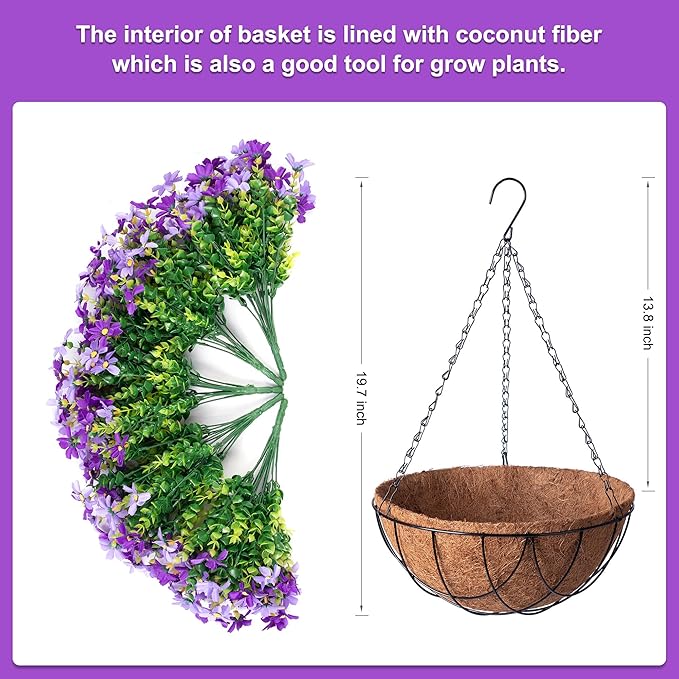 Artificial Flowers with Hanging Planter for Outdoors, Faux Silk Daisy Flower UV Resistant Plants in Basket Indoor Porch Garden Yard Spring Summer Decor(Purple)