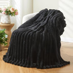 NEWCOSPLAY Super Soft Twin Blanket Black Premium Silky Flannel Fleece 3D Ribbed Jacquard Lightweight Bed Blanket All Season Use (Black Ribbed, Twin(60"x80"))