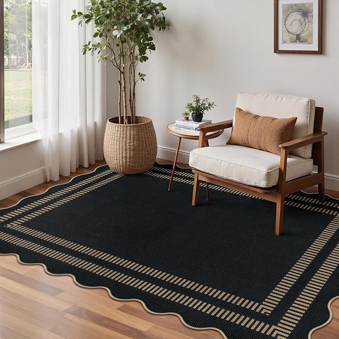 Scalloped Modern Easy Jute Carpet, 4x6 Outdoor Patio Washable Area Rug, Indoor Black Kitchen Rugs Farmhouse Neutral Non Slip Rug for Living Room Patio Entryway