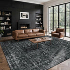 8x10 Area Rugs for Living Room Bedroom, Large Washable Rug, Black Vintage Floral Boho Rug, Non Slip & Low Pile Faux Wool Thin Carpet for Indoor Dining Room and Kids Room(Black 8x10ft)