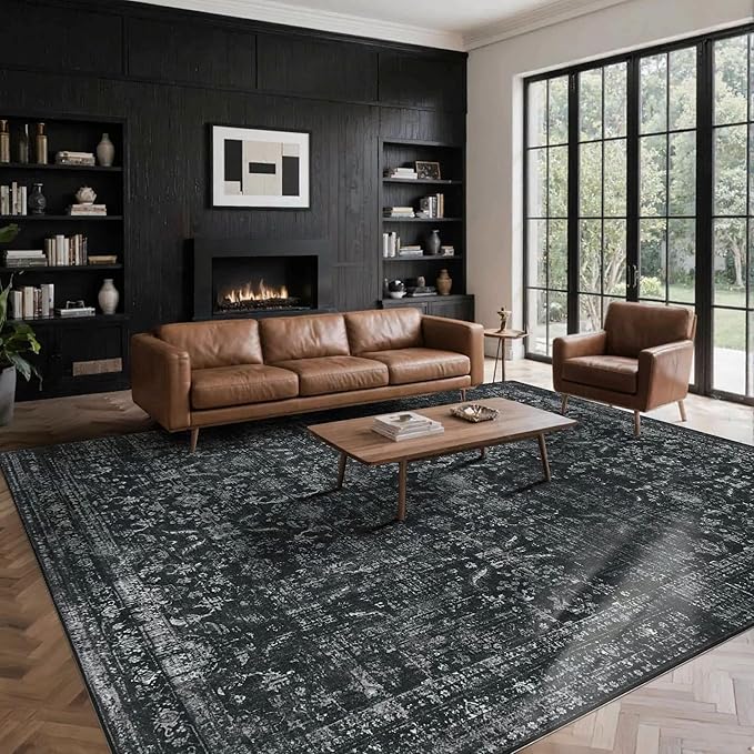 8x10 Area Rugs for Living Room Bedroom, Large Washable Rug, Black Vintage Floral Boho Rug, Non Slip & Low Pile Faux Wool Thin Carpet for Indoor Dining Room and Kids Room(Black 8x10ft)
