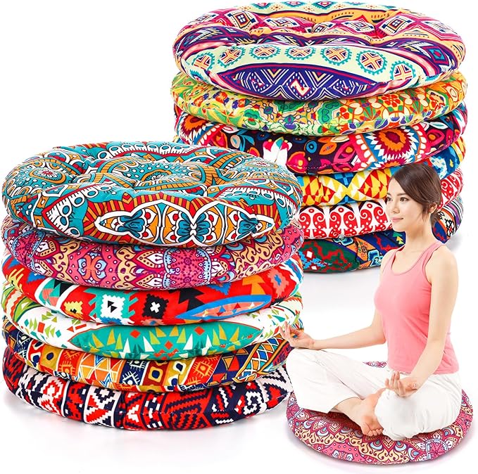 Nuogo 12 Pcs Bohemian Floor Cushions Bulk 15 Inch Boho Floor Sitting Meditation Pillows Yoga Mandala Meditation Pouf for Living Room Balcony Office Tatami(Round)