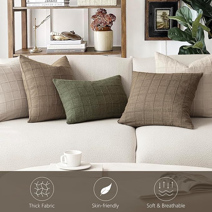Foindtower Set of 2 Decorative Linen Check Throw Pillow Covers Neutral Farmhouse Vintage Cushion Covers Modern Boho Home Decor for Sofa Chair Couch Bedroom Living Room,22×22 Inch,Light Brown